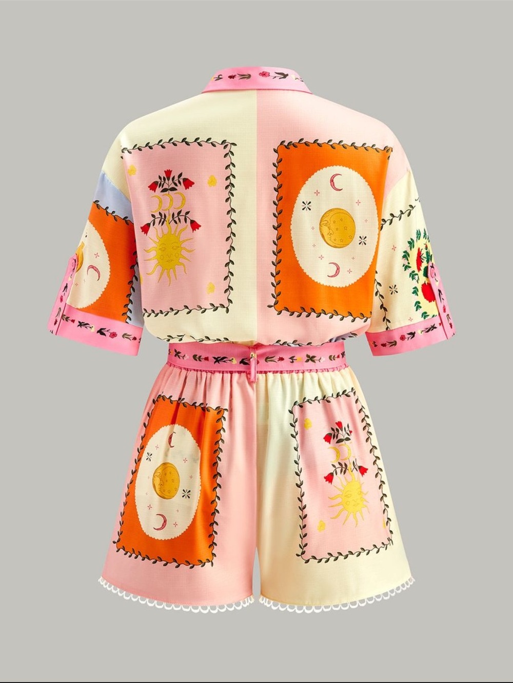 Commense Belted Floral Print Short Set Multicolor Matching Set Resort- Medium - Picture 2 of 4